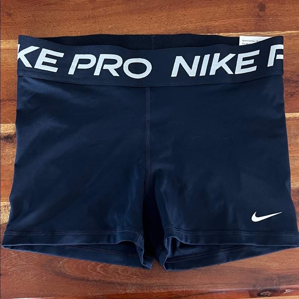 Nike Pro Black Women's tight fit  midrise 3” Bike Shorts with White Swoosh